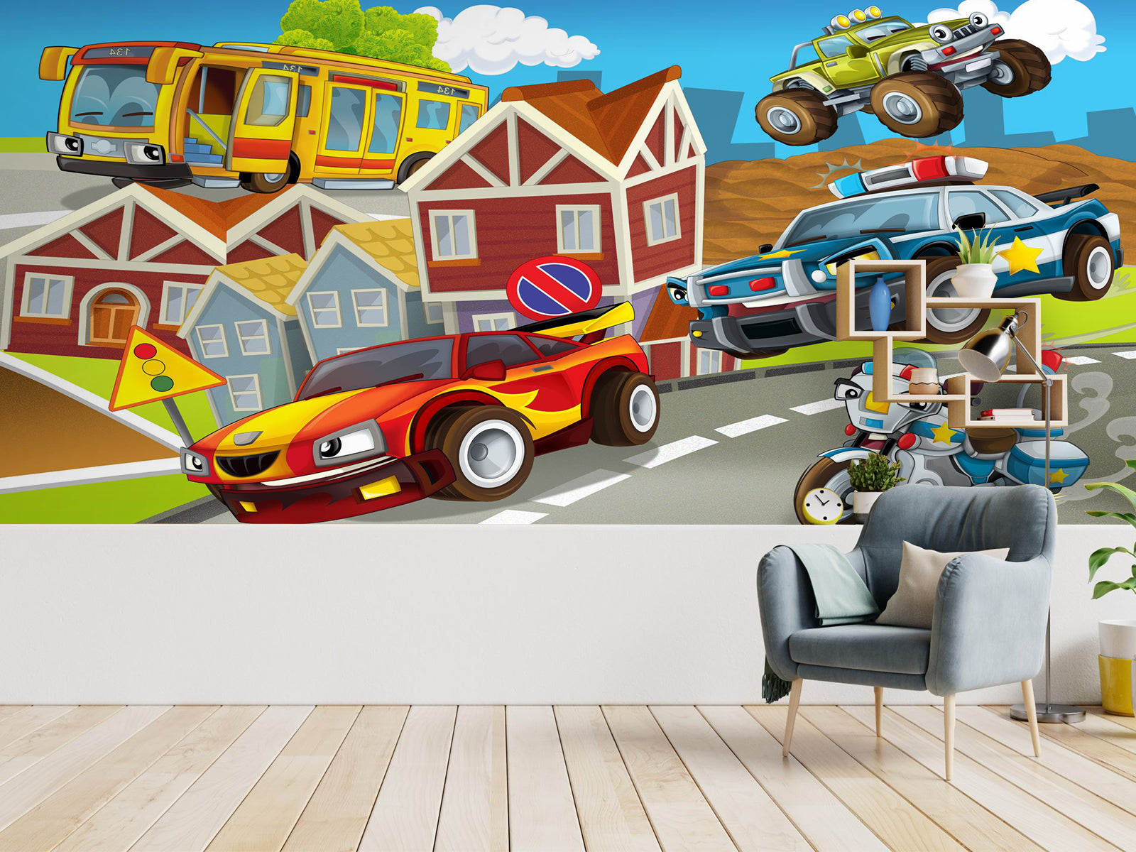 Vlies Tapete XXL Poster Fototapete Kinder Rennauto Polizei