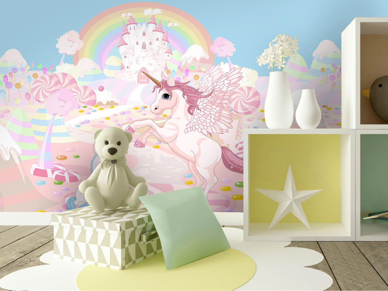 Vlies Tapete XXL Poster Fototapete Einhorn Rosa Regenbogen