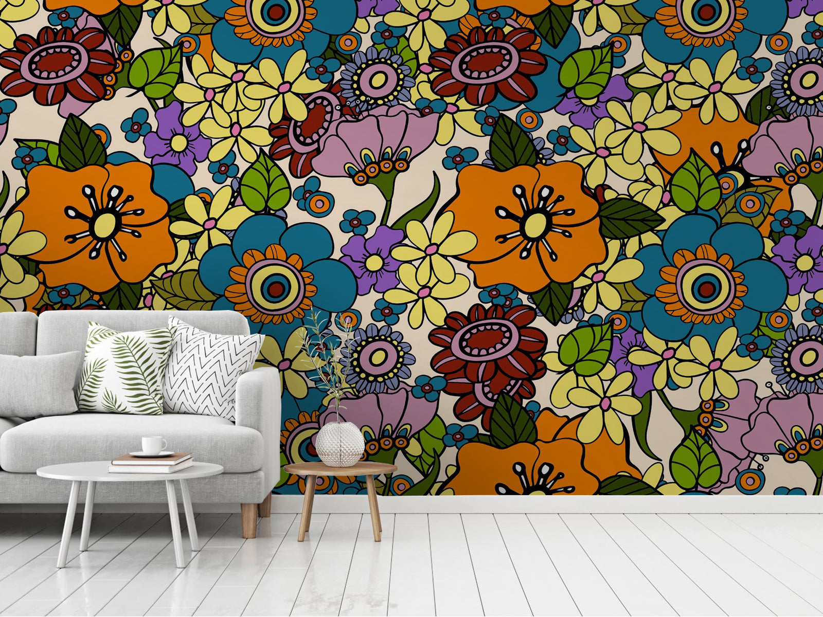 Vlies Tapete XXL Poster Fototapete Retro Blumen Bunt