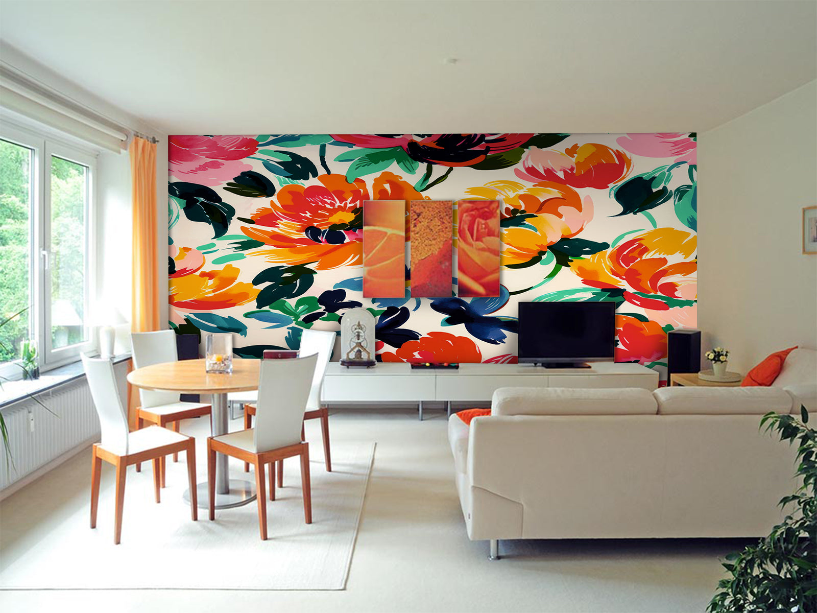 Vlies Tapete XXL Poster Fototapete Aquarell Blüten Pflanze Rot Rosa Orange