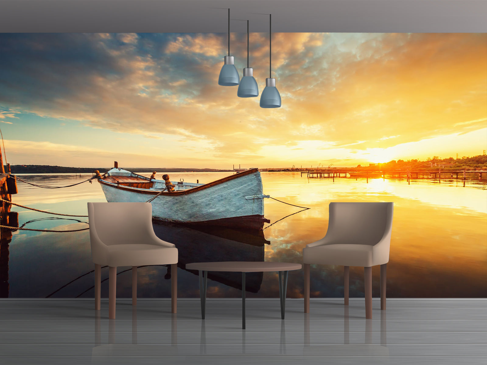 Vlies Tapete XXL Poster Fototapete Boot Sonnenuntergang