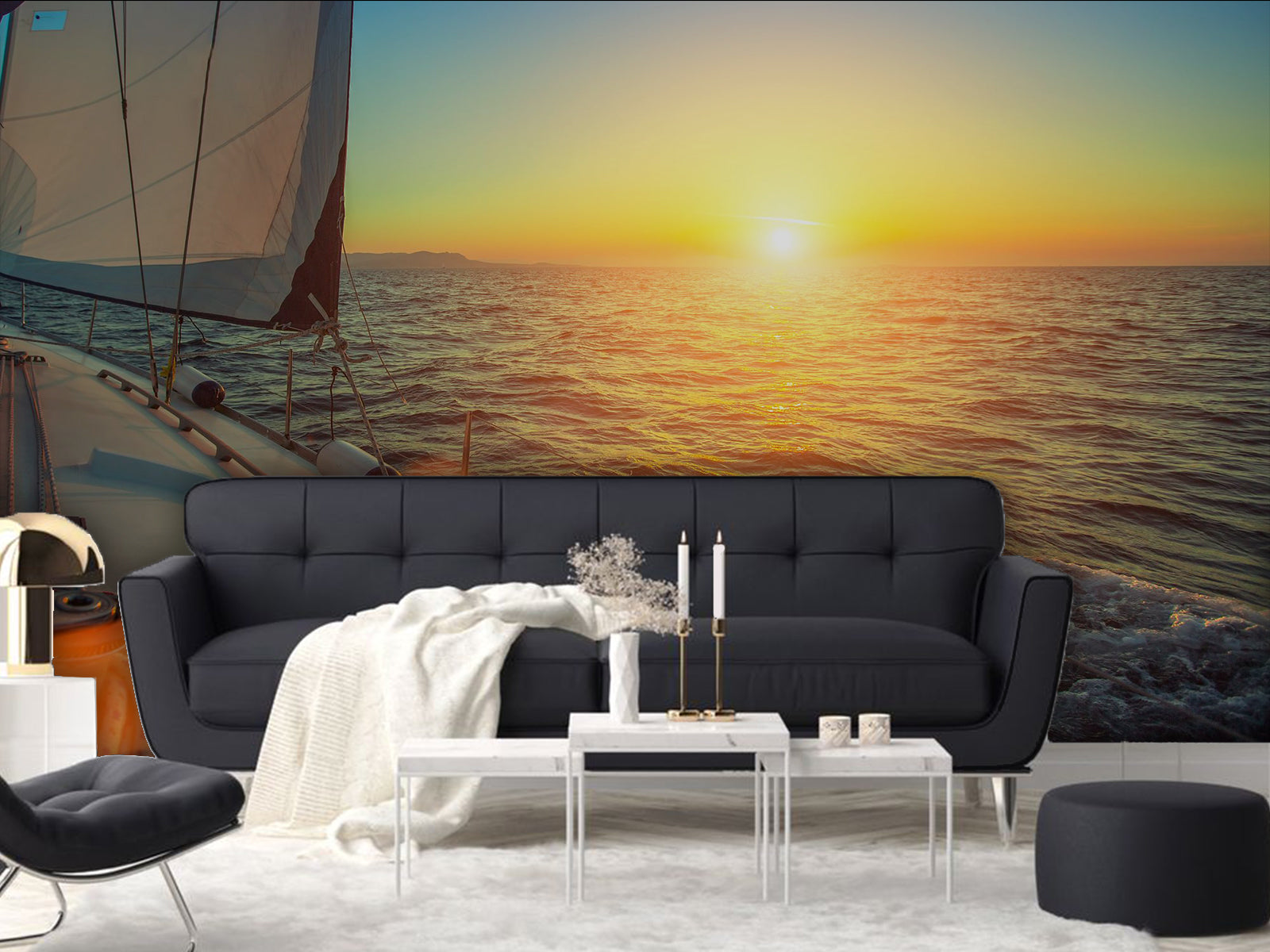 Vlies Tapete XXL Poster Fototapete Segelboot Sonnenuntergang