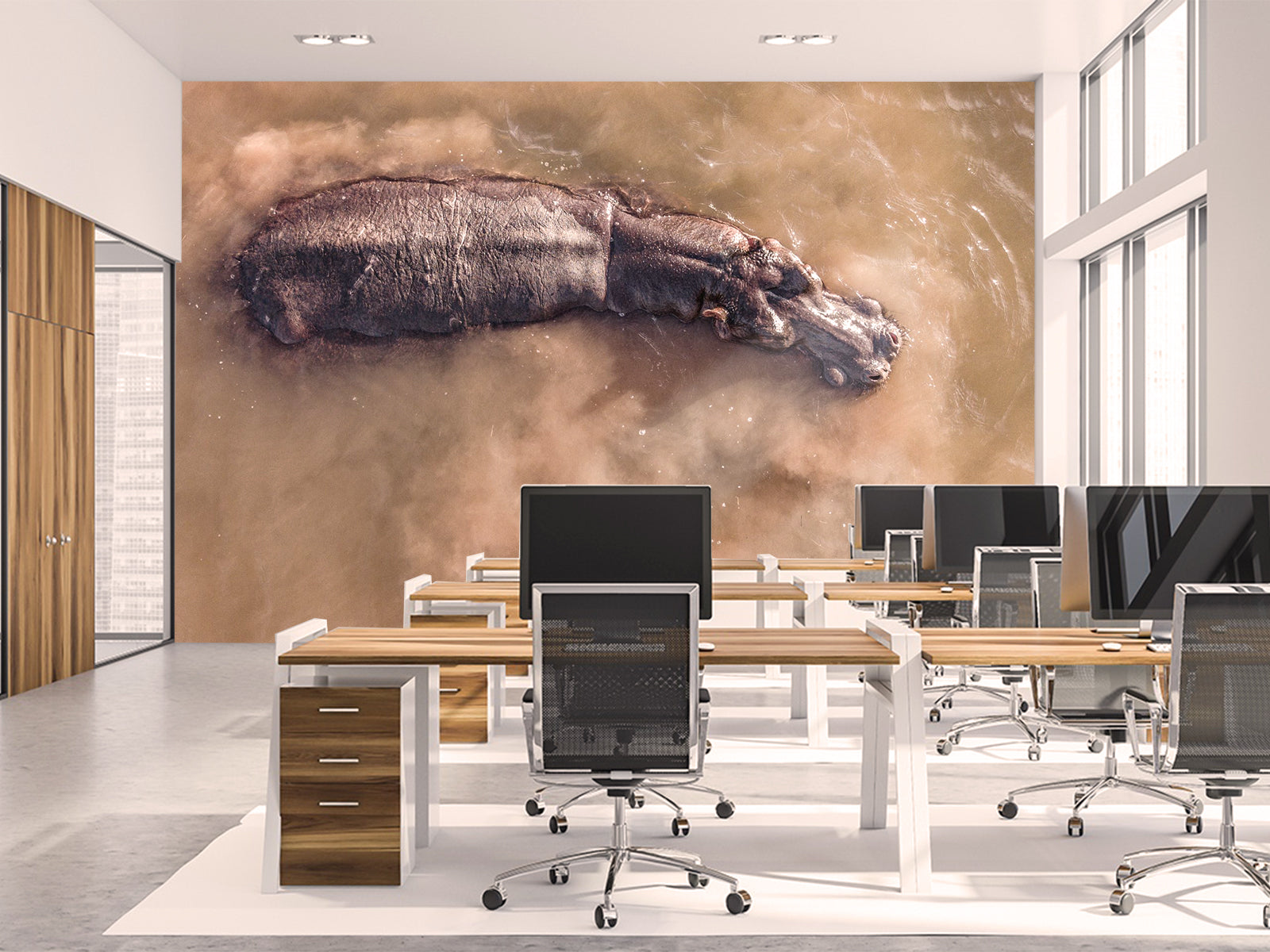 Vlies Tapete XXL Poster Fototapete Nilpferd von oben Braunes Wasser