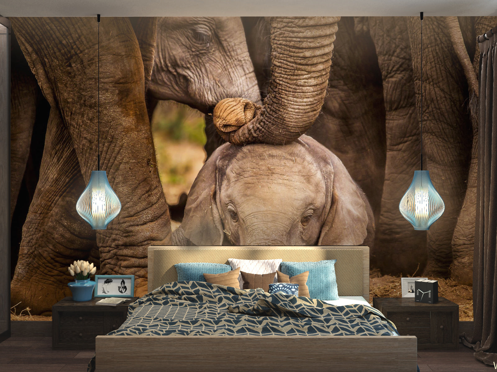 Fototapete Elefantenbaby Kleiner Elefant neben Elefantenherde