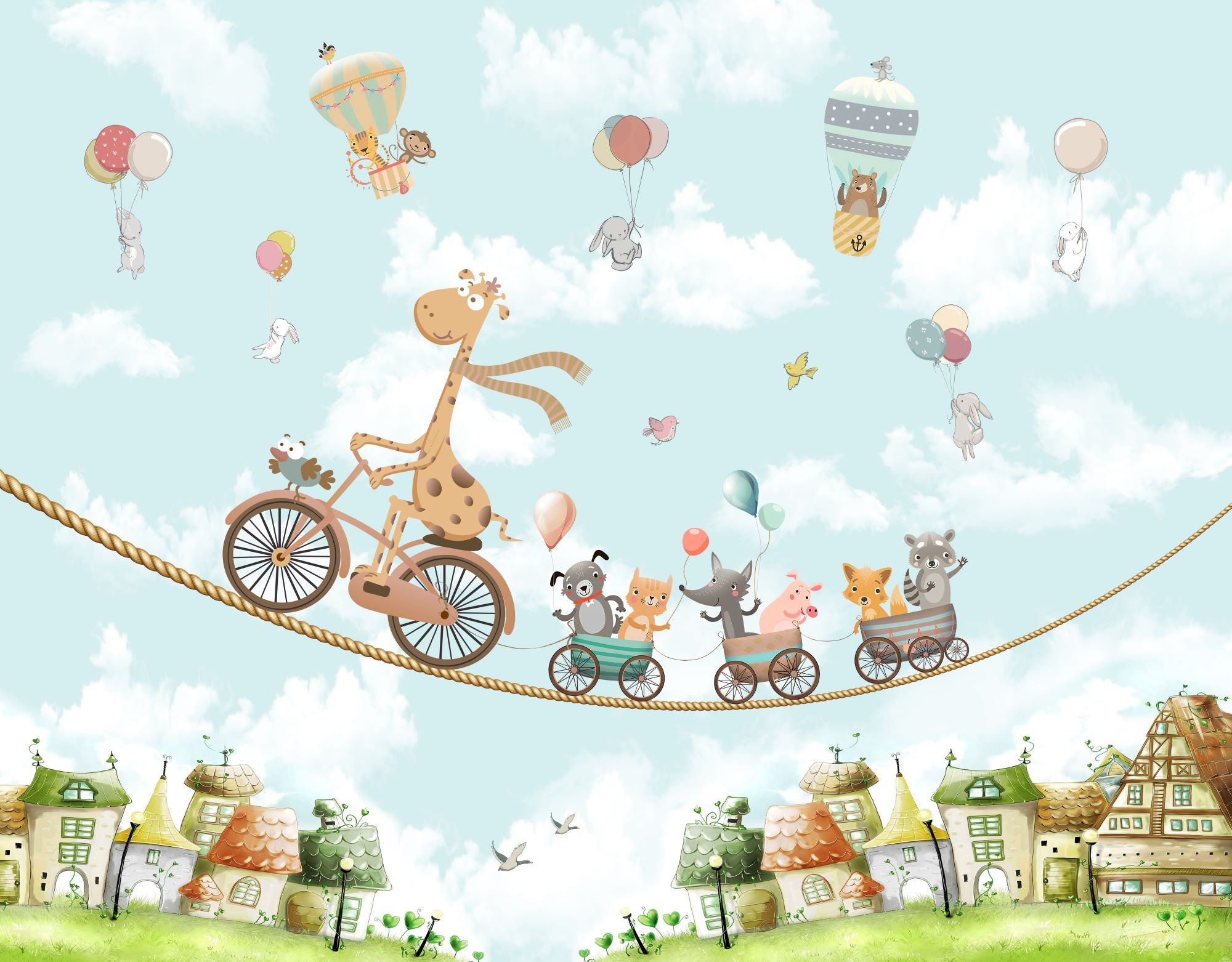Fototapete Giraffe Fahrrad Seil