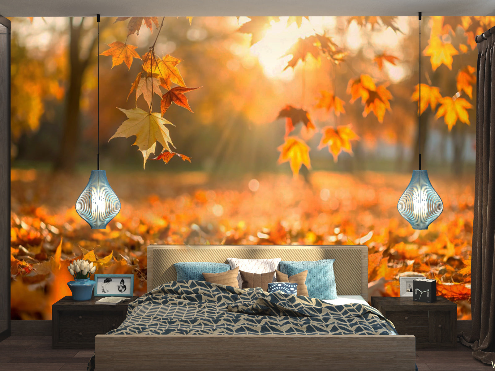 Fototapete Herbst fallendes Laub Rot Orange
