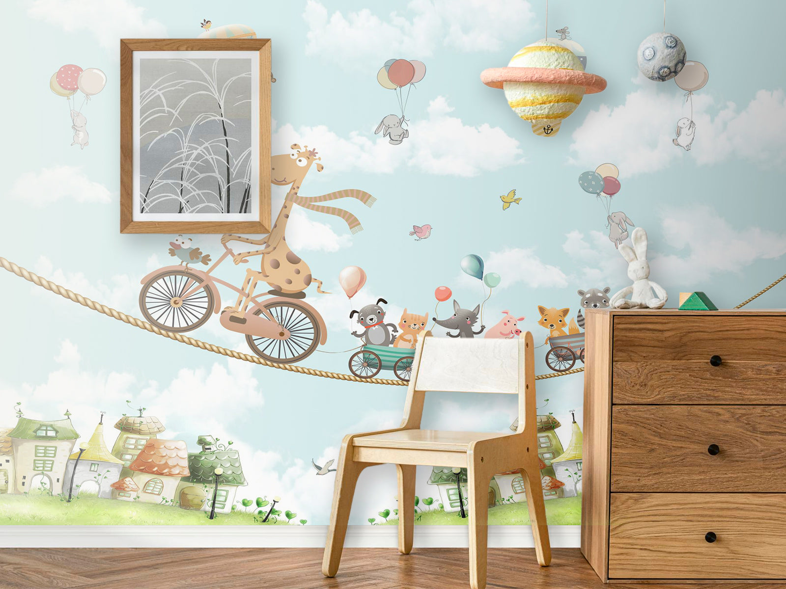 Fototapete Giraffe Fahrrad Seil