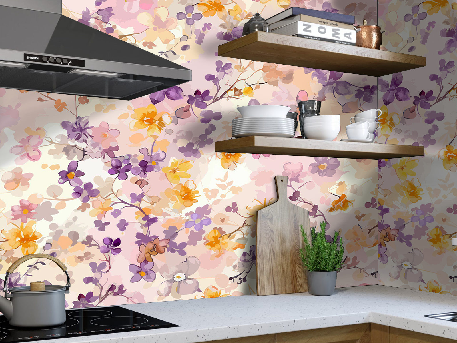 Fototapete Aquarell Farben Blumen Lila