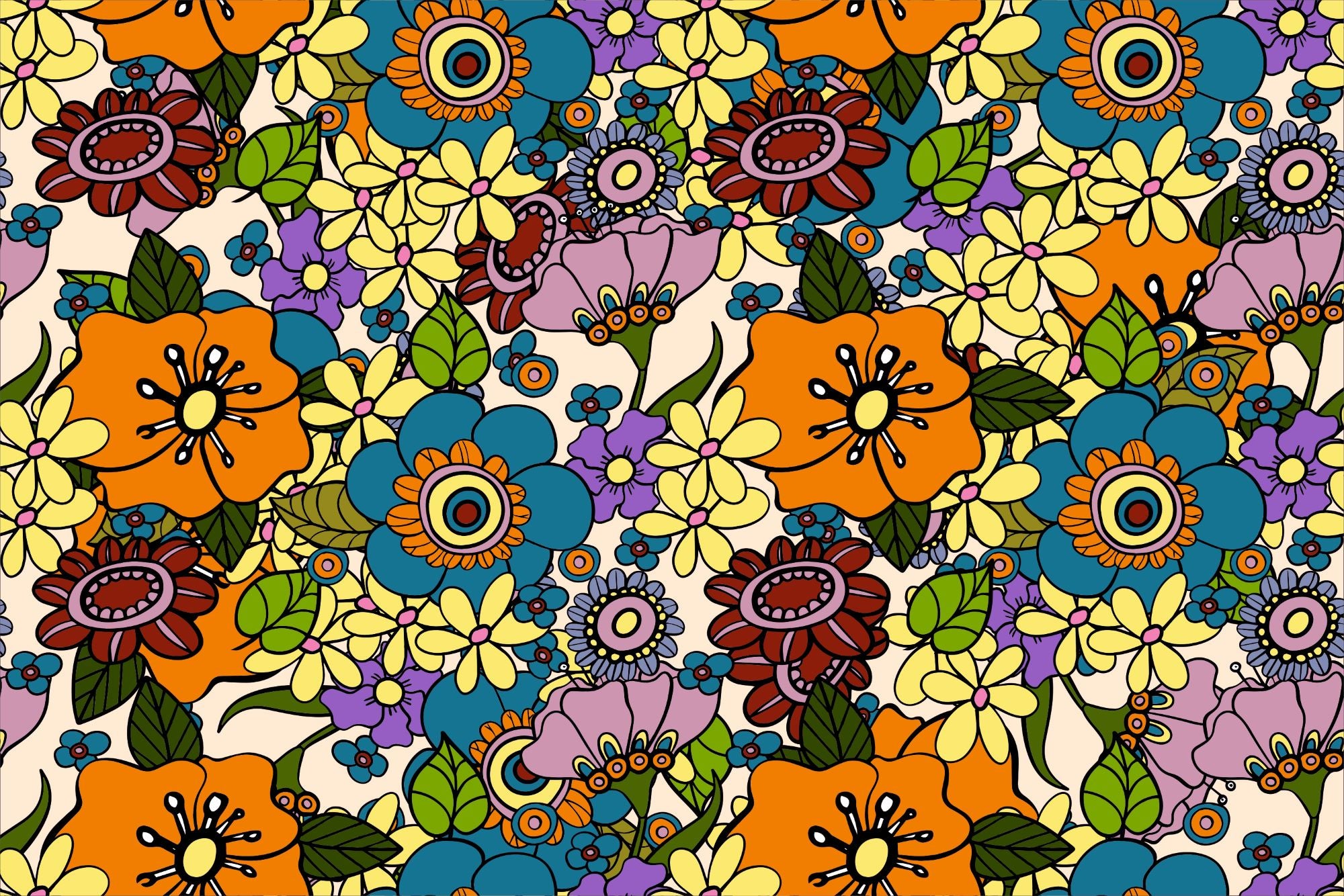 Fototapete Retro Blumen Bunt
