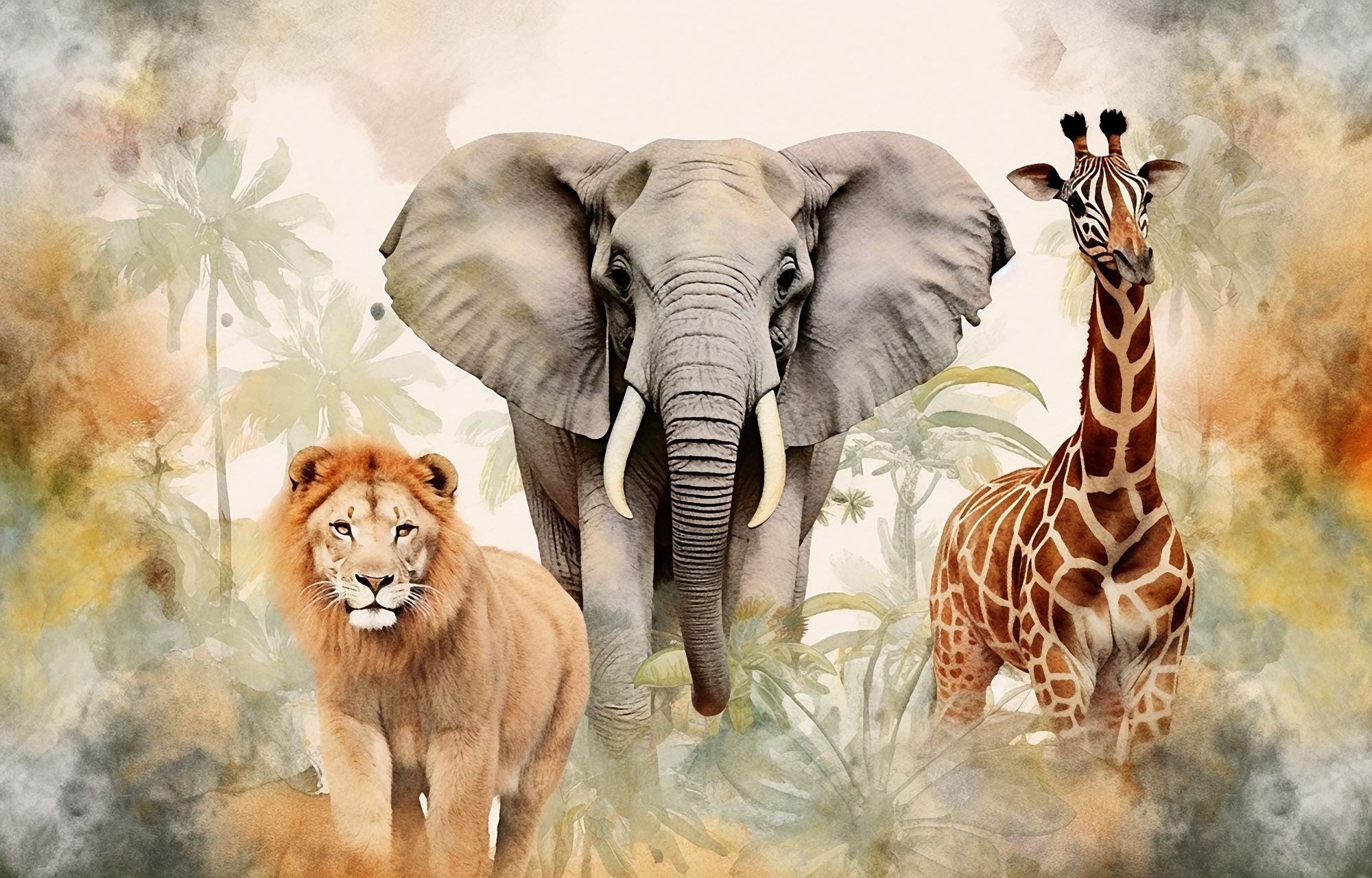 Fototapete Löwe Giraffe Elefant