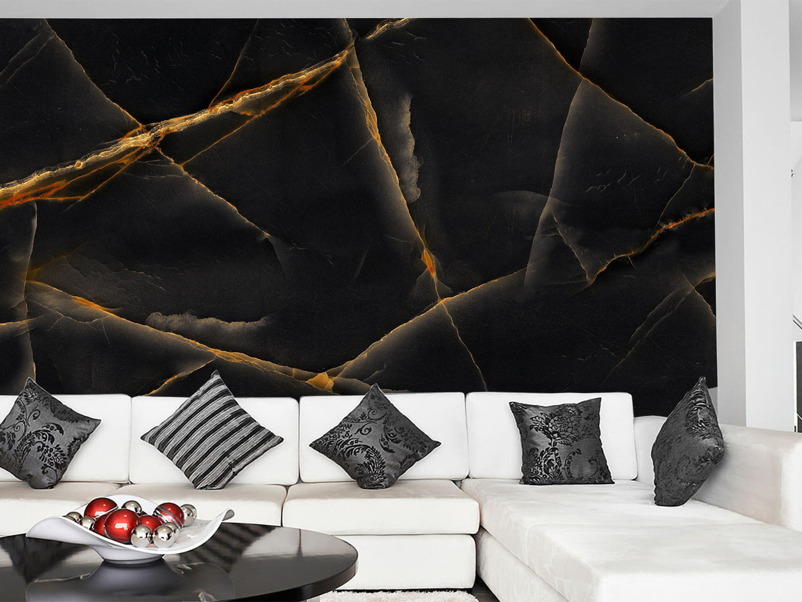 Fototapete Marmoroptik schwarz Gold rissig