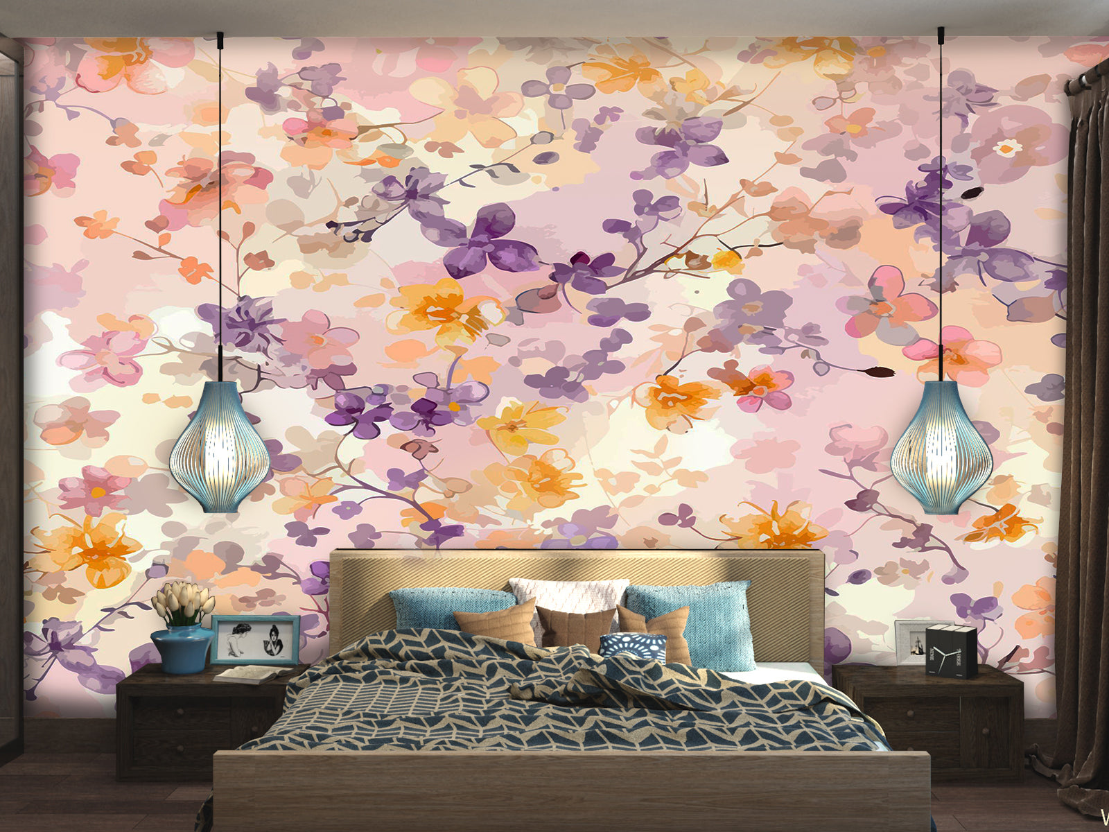 Fototapete Aquarell Farben Blumen Lila