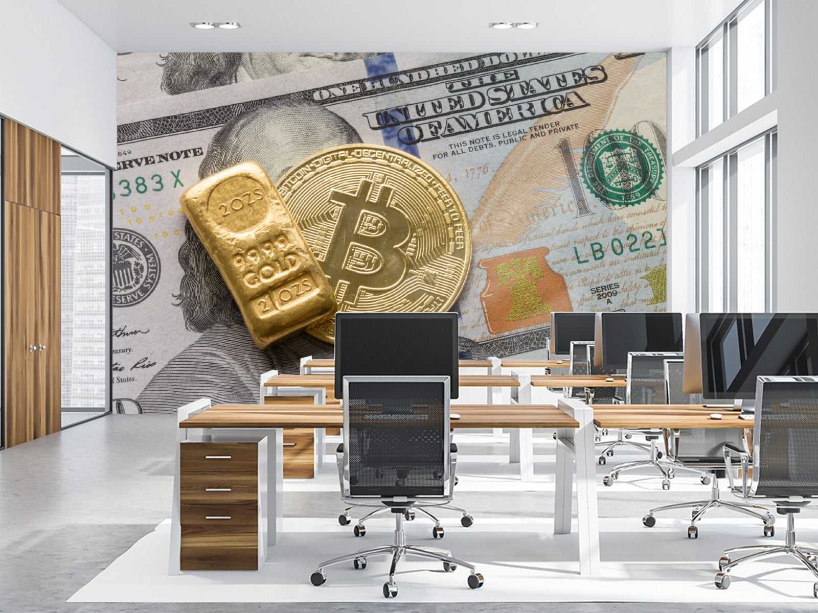 Fototapete Bitcoin Goldbarren Dollar