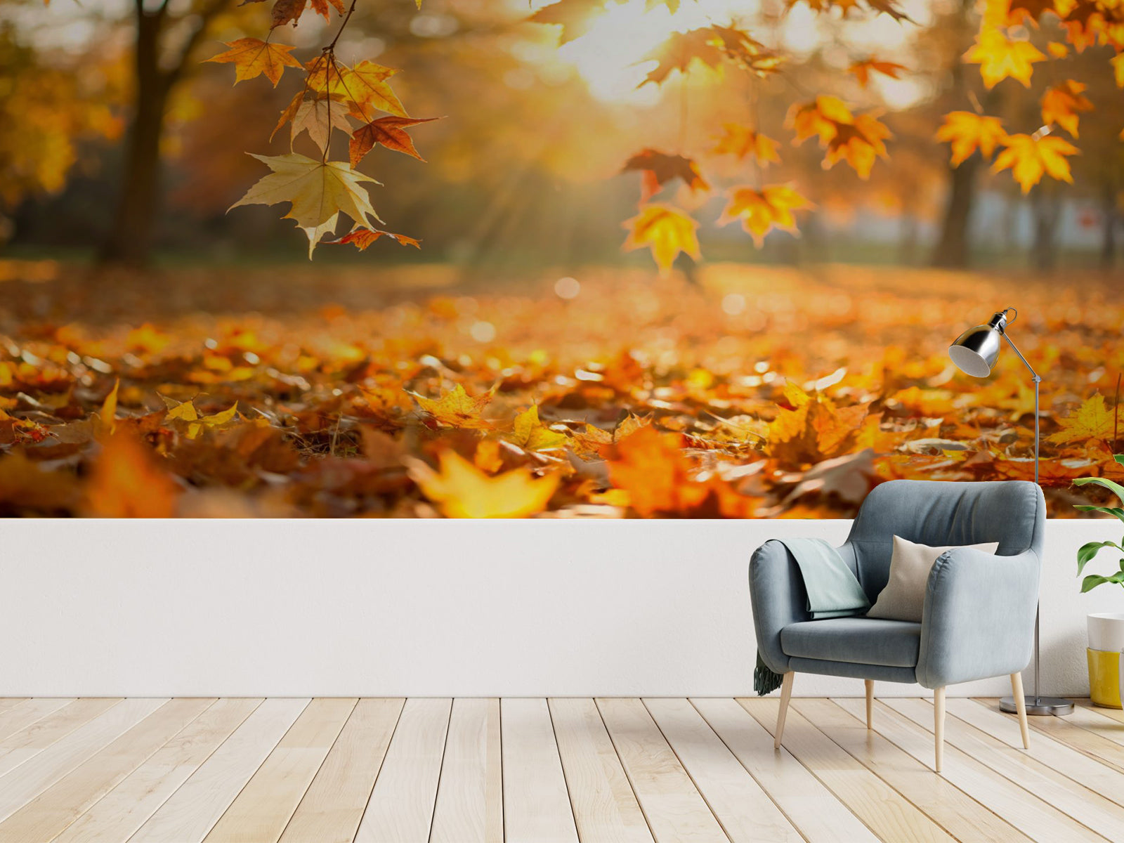 Fototapete Herbst fallendes Laub Rot Orange