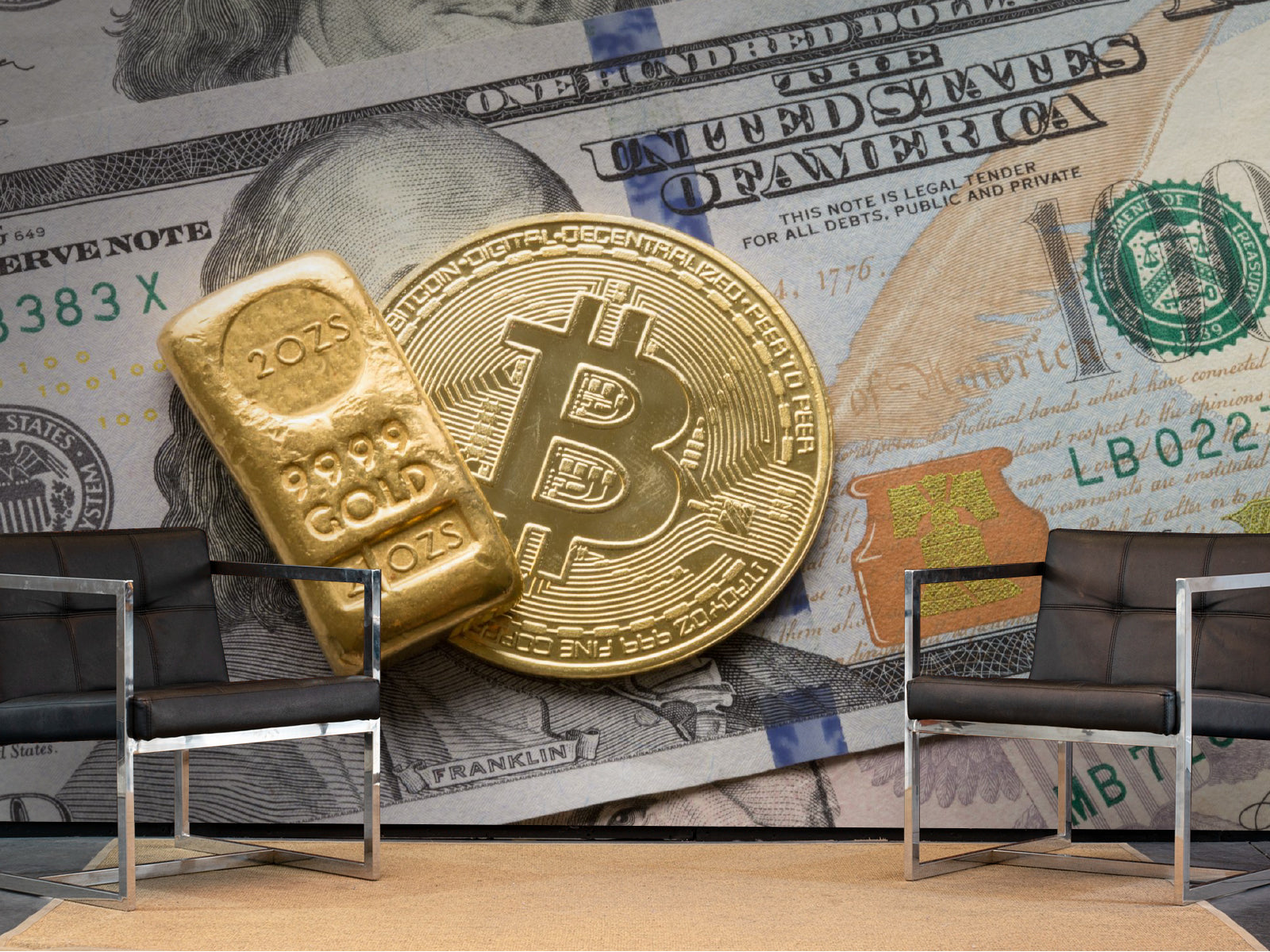 Fototapete Bitcoin Goldbarren Dollar
