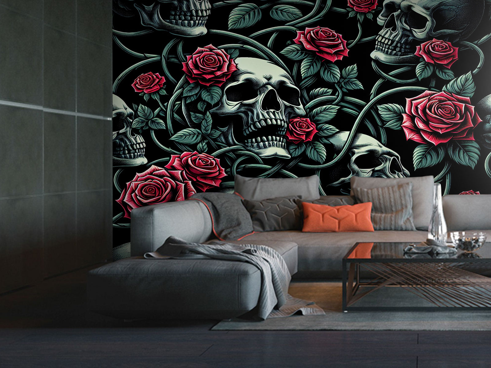 Fototapete Totenkopf Rosenpflanze