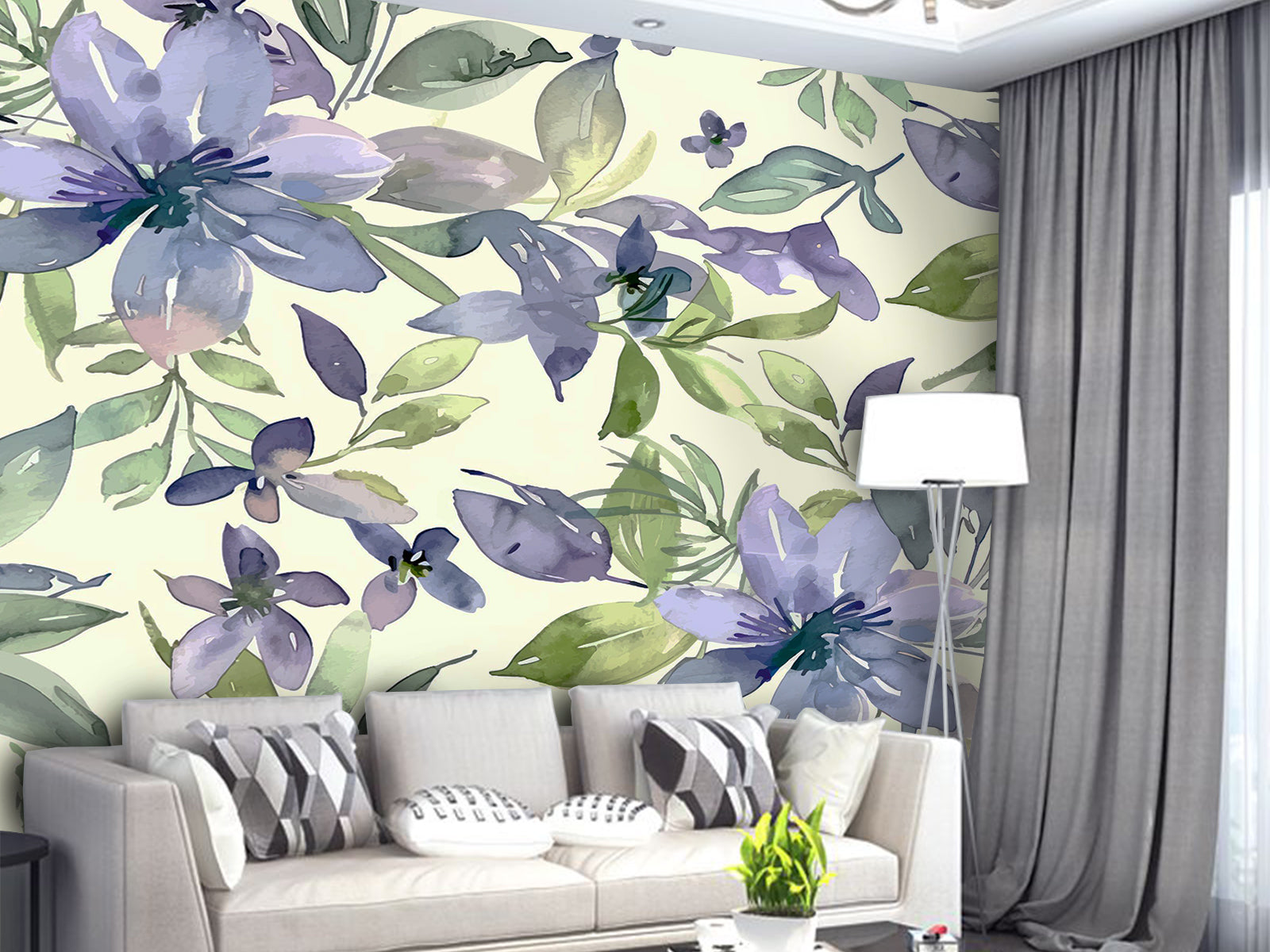 Fototapete Aquarell Farbe Blume Lila Grün