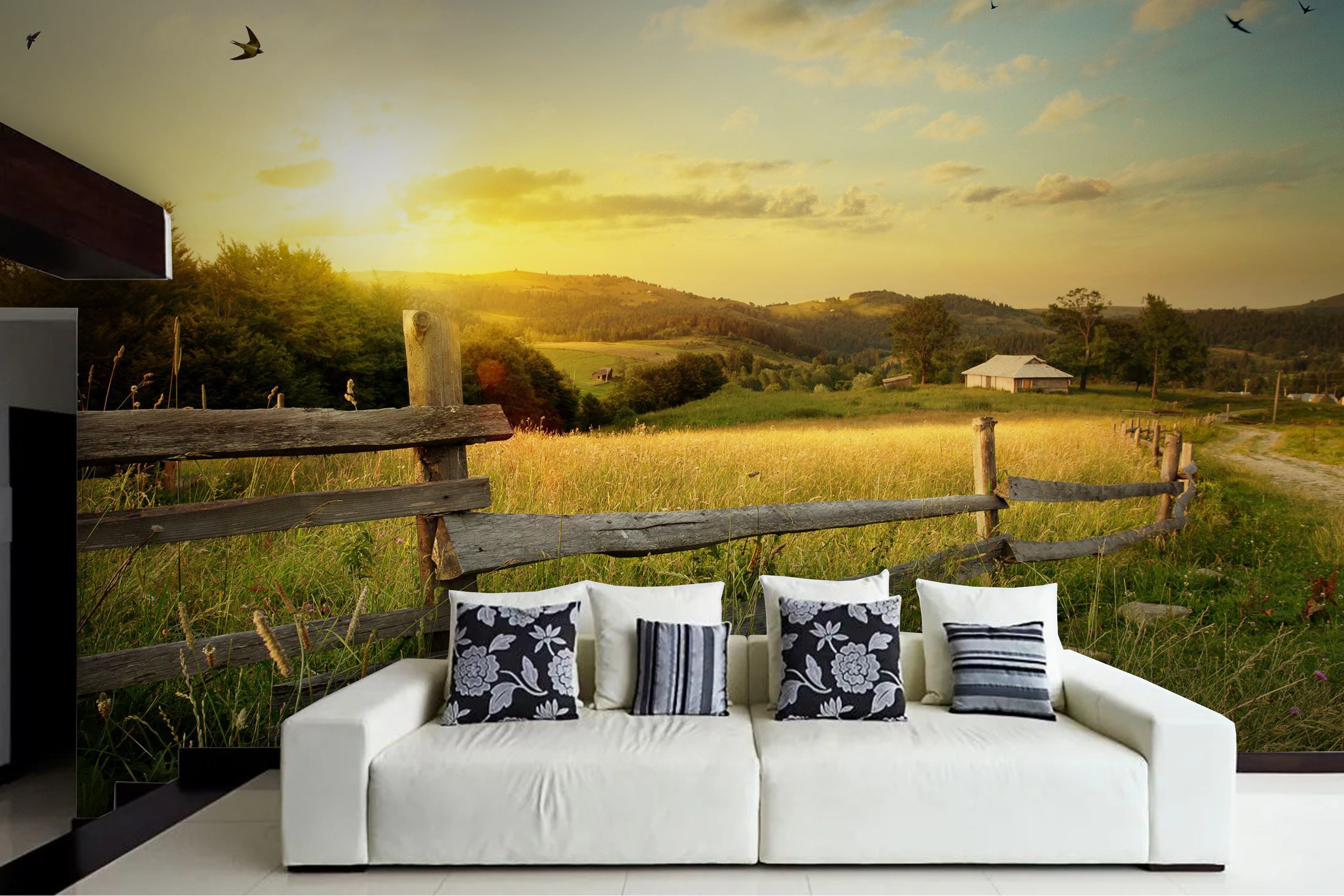 Fototapete Wiese Weidezaun Tal