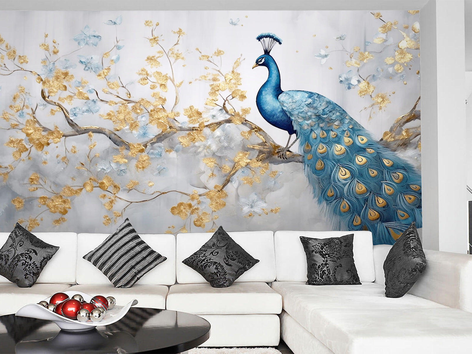 Fototapete Pfau Gold Blau
