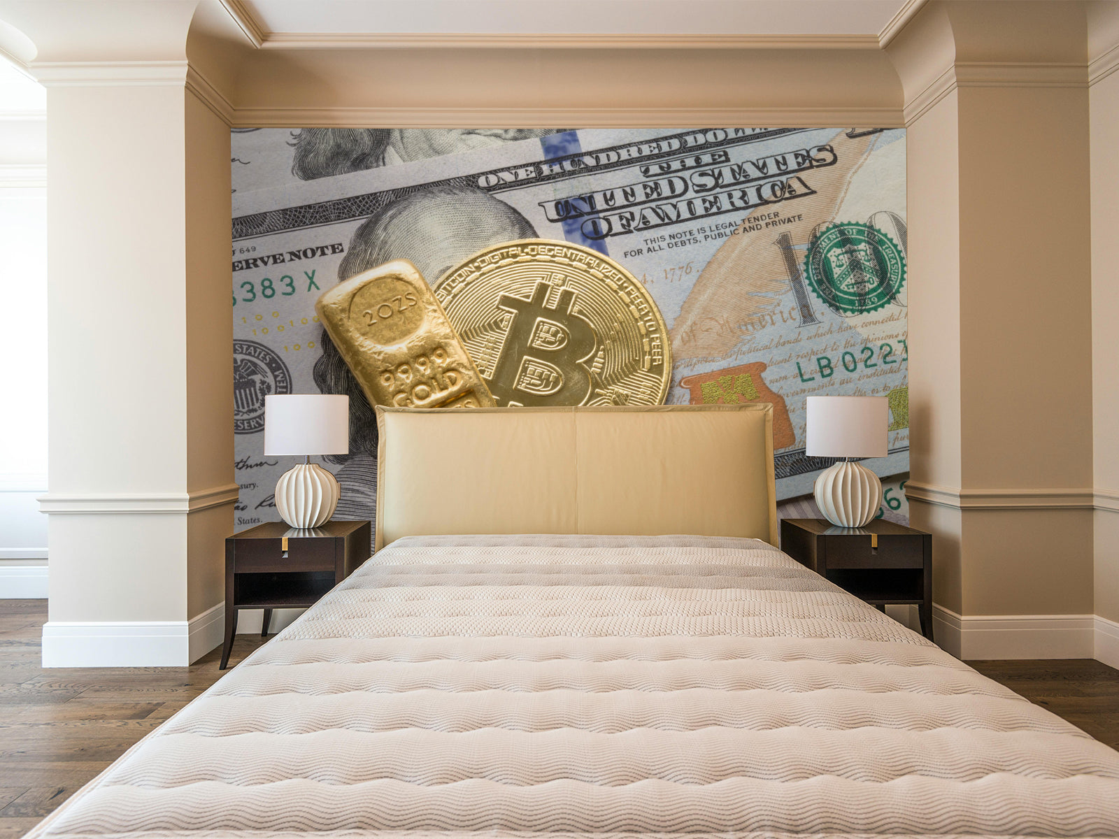 Fototapete Bitcoin Goldbarren Dollar