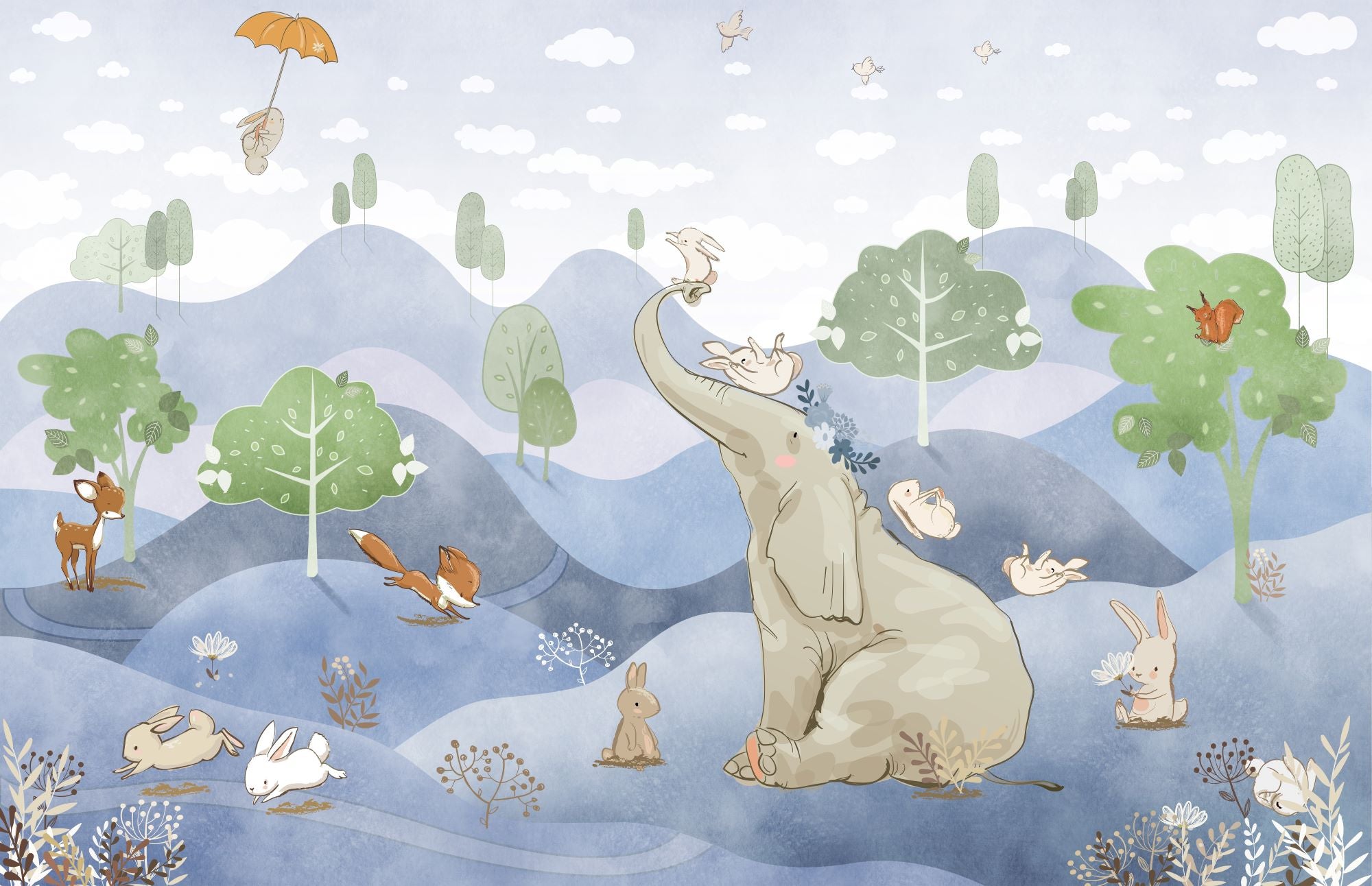 Fototapete Berge Elefant Hase Reh