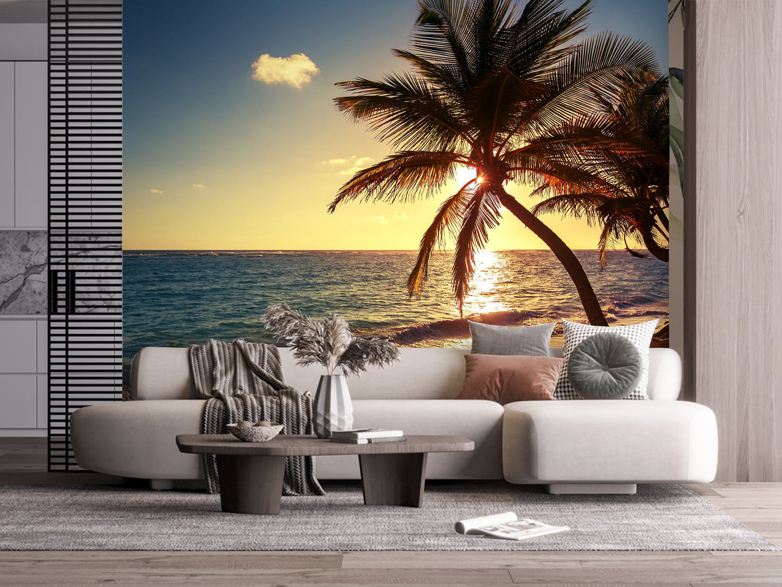 Fototapete Strand Palme Sonnenuntergang Meer