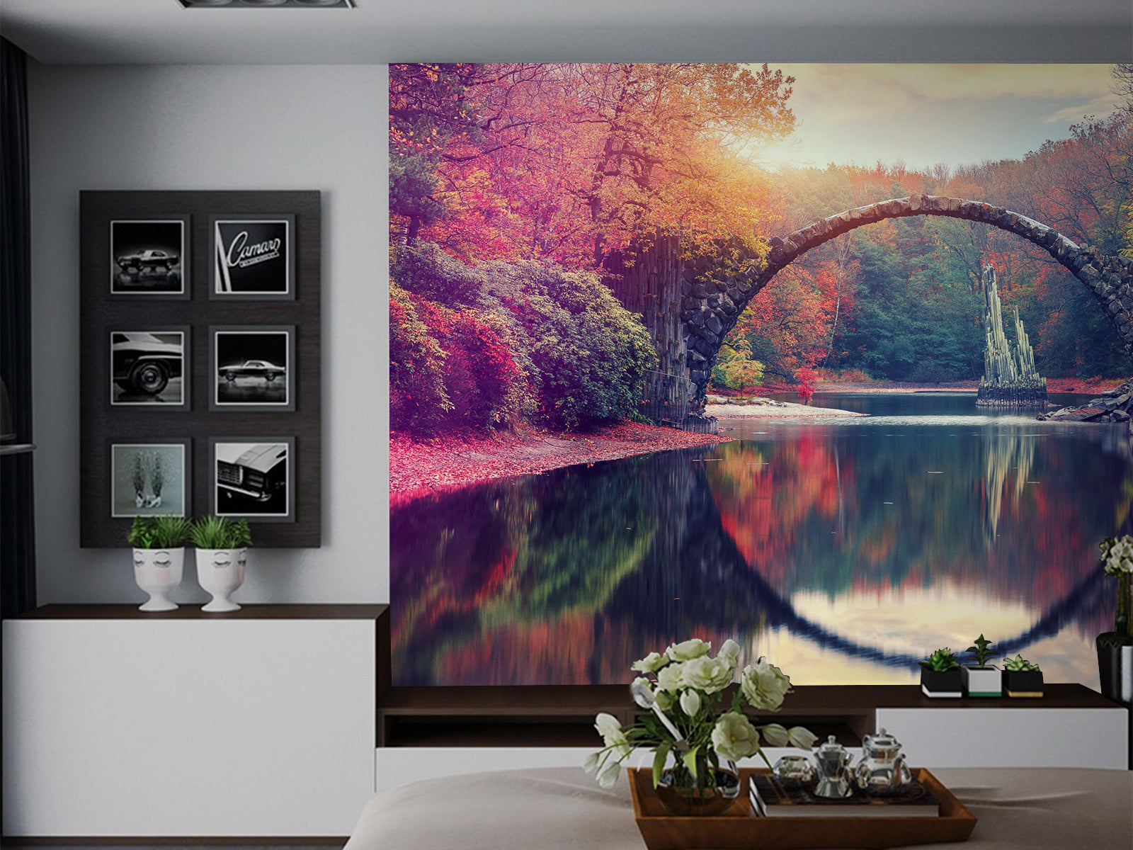 Vlies Tapete XXL Poster Fototapete Brücke im Herbst
