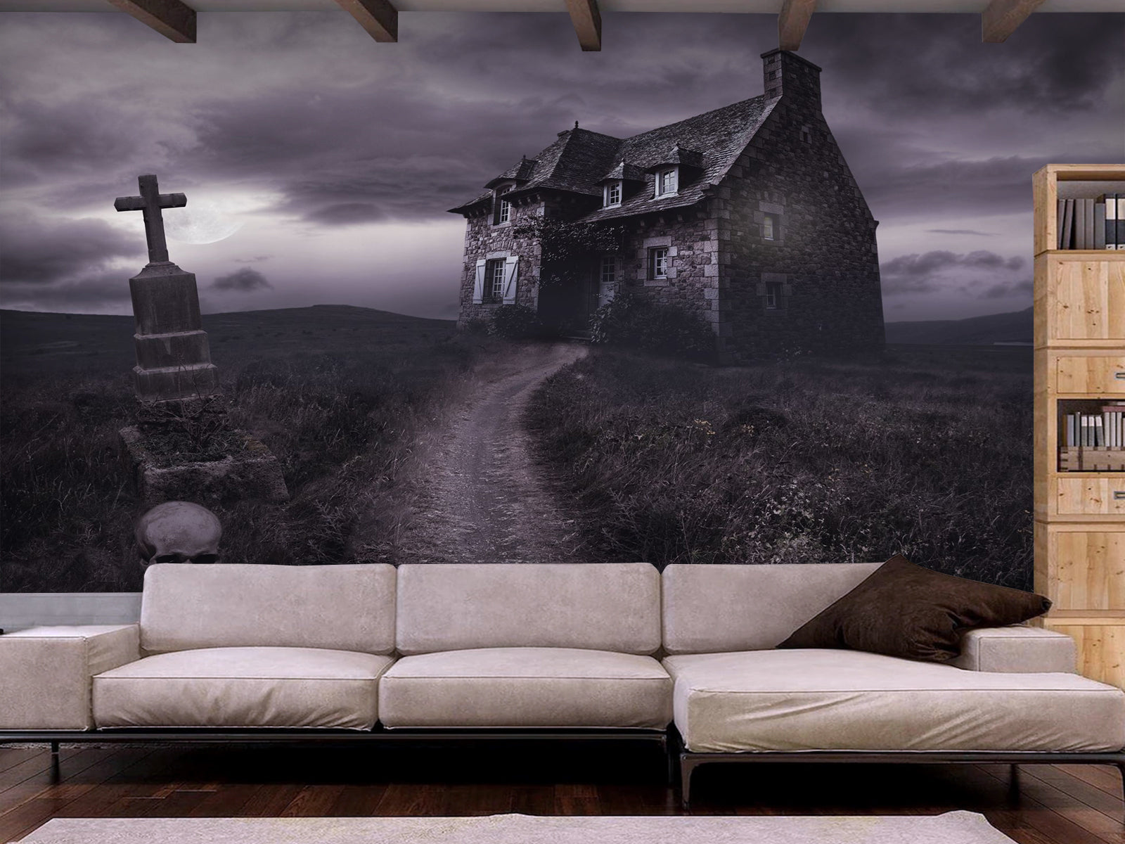 Vlies Tapete XXL Poster Fototapete Totenkopf Friedhof verlassenes Haus
