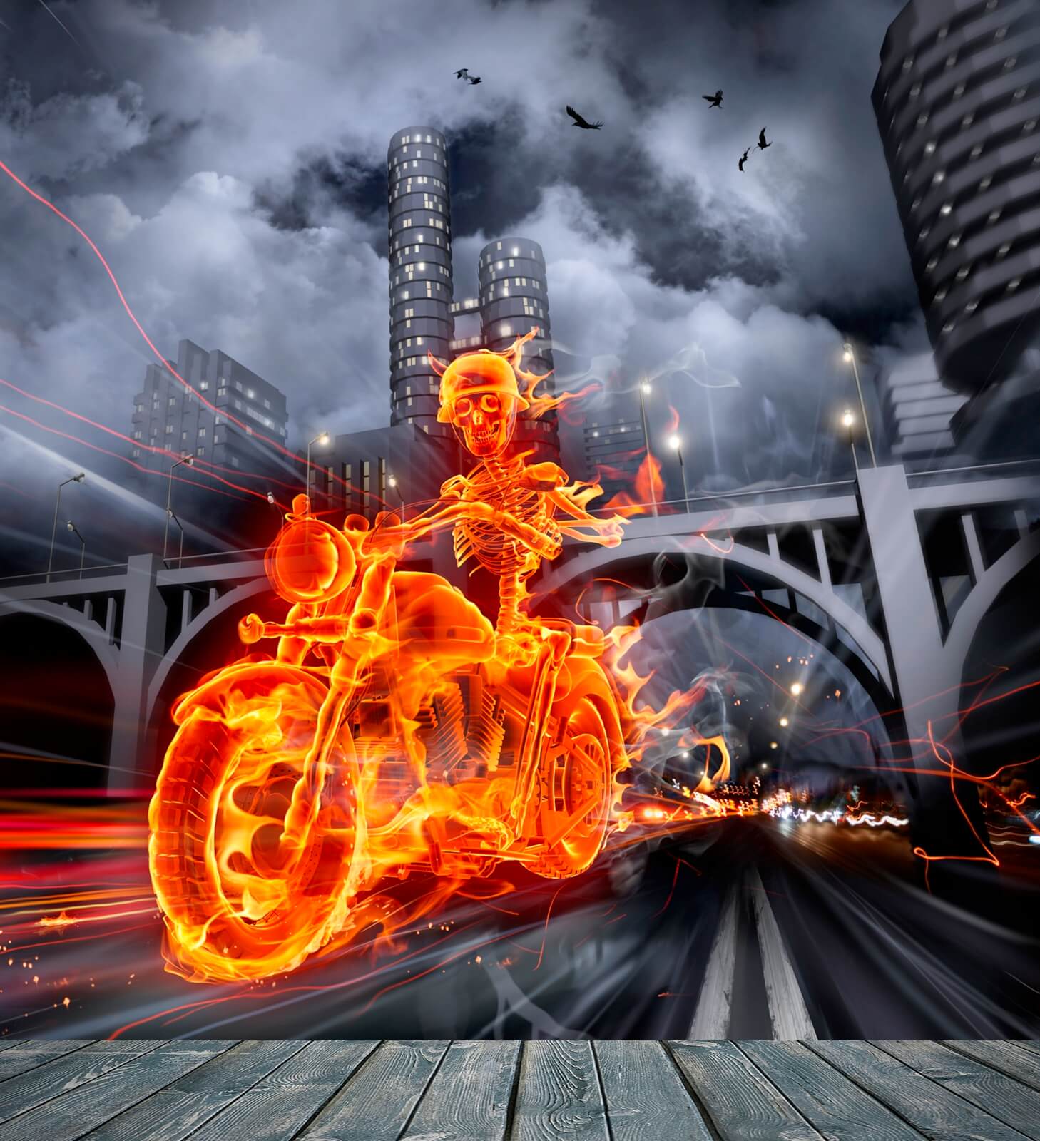 buqu006-poster-foto-tapete-vlies-flammen-bike-skelett-ir1